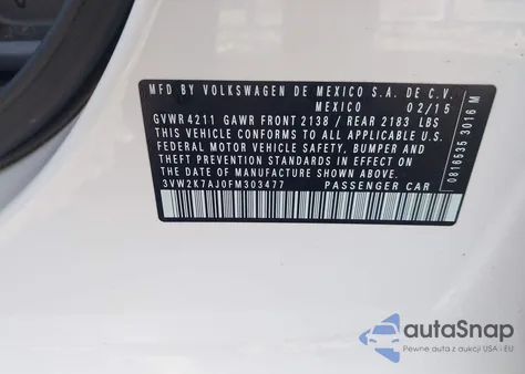 2015 Volkswagen Jetta 2.0L S z USA, uszkodzony, nr VIN 3VW2K7AJ0FM303477